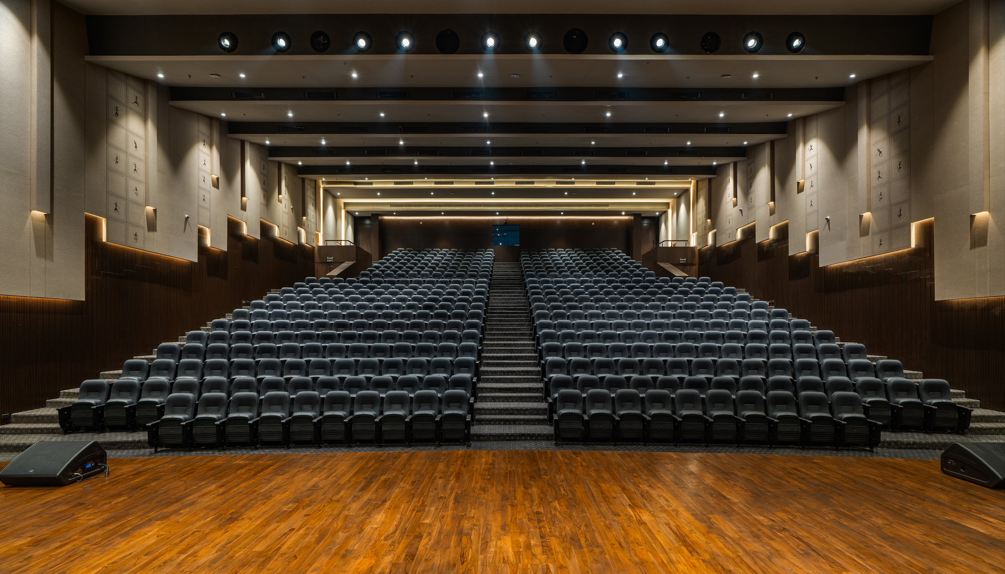 Auditorium interior with tiered black seating under a dark coffered ceiling
