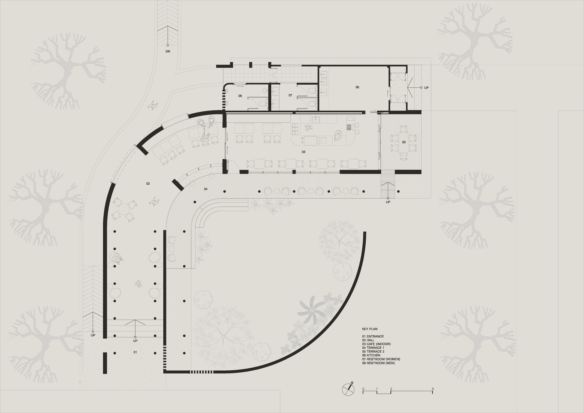 Cafe MADA key plan showing the curving L-shaped building wrapping around the central garden