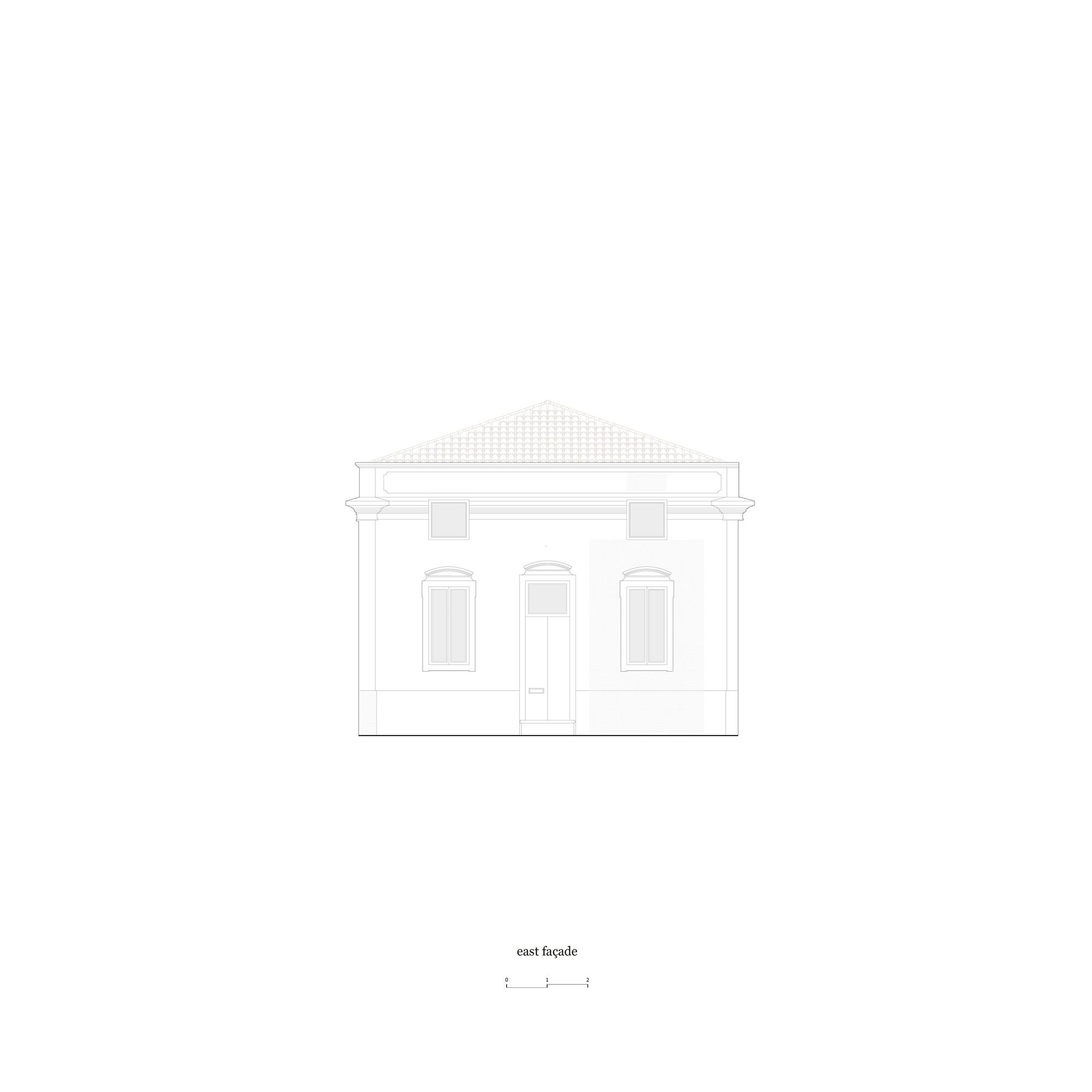 East facade drawing showing the preserved original openings and cornice