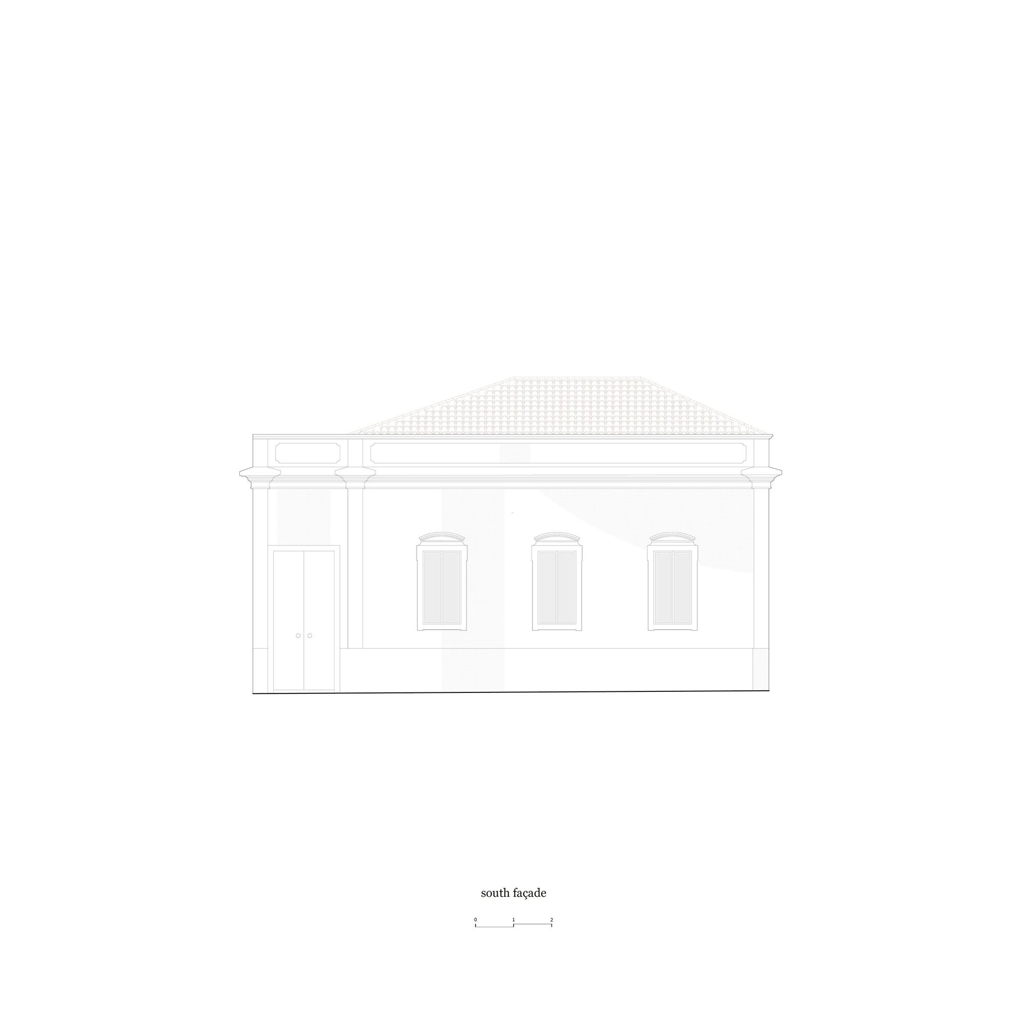 South facade drawing showing the three arched windows and a single door