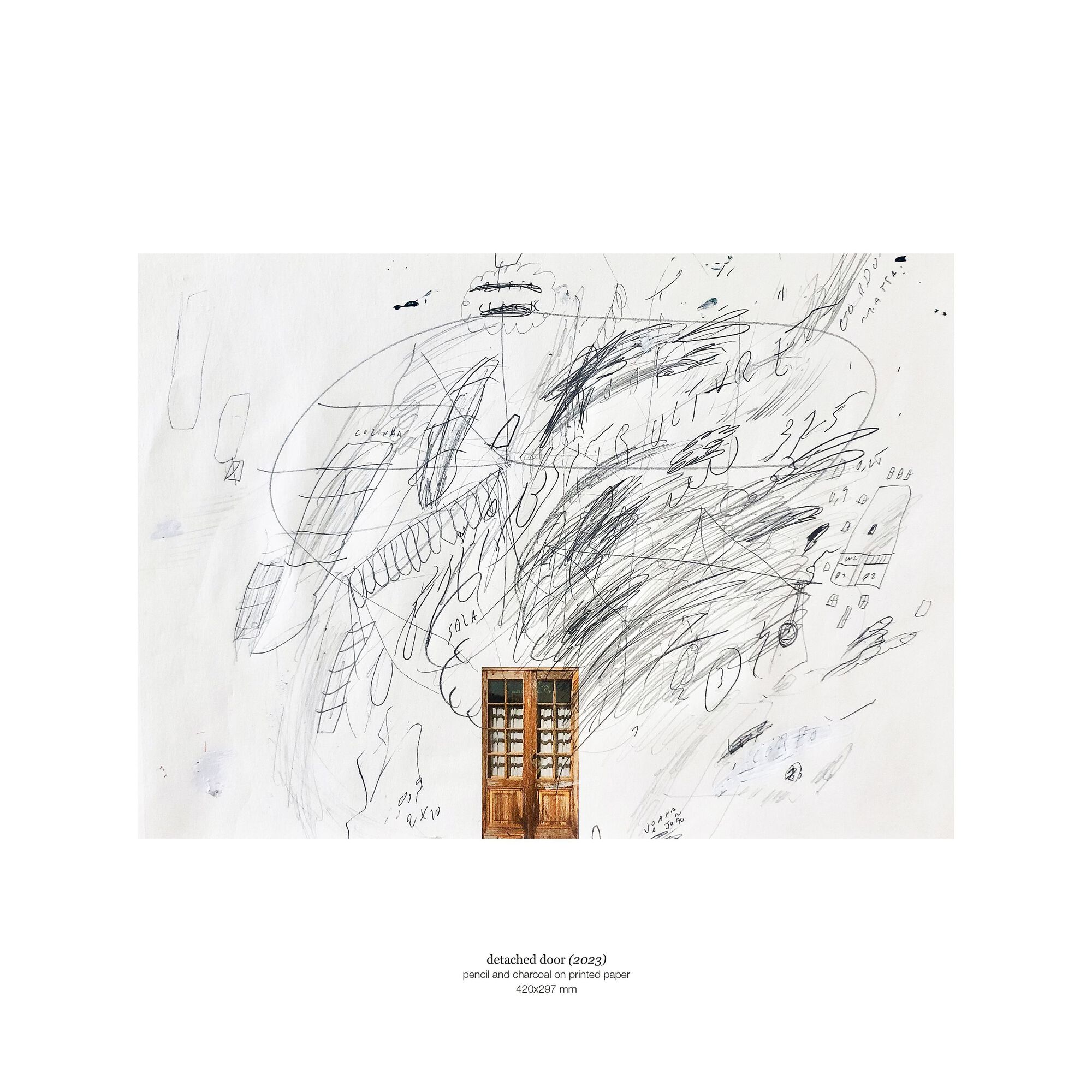Concept drawing titled Detached Door, pencil and charcoal on printed paper