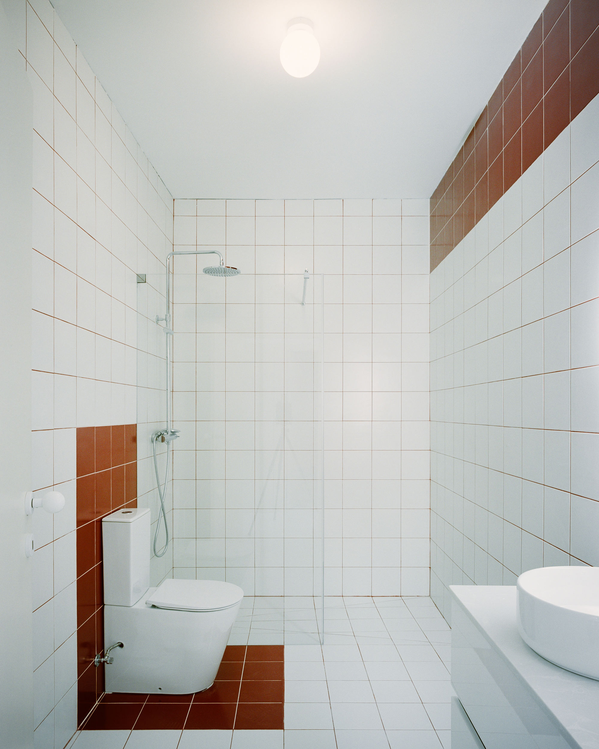 Tiled bathroom with white square tiles and terracotta accents around the toilet and shower