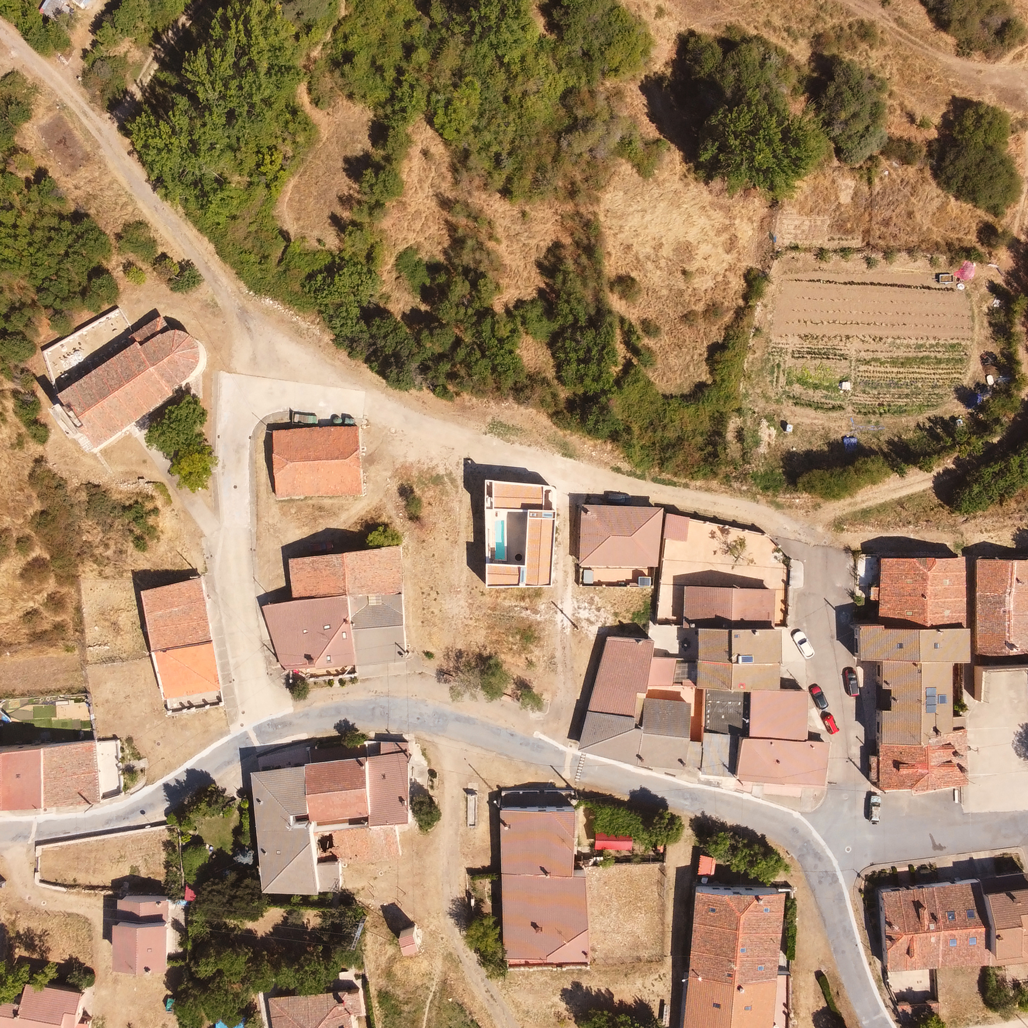 Aerial view of the village showing the converted house in its rural Castilian setting