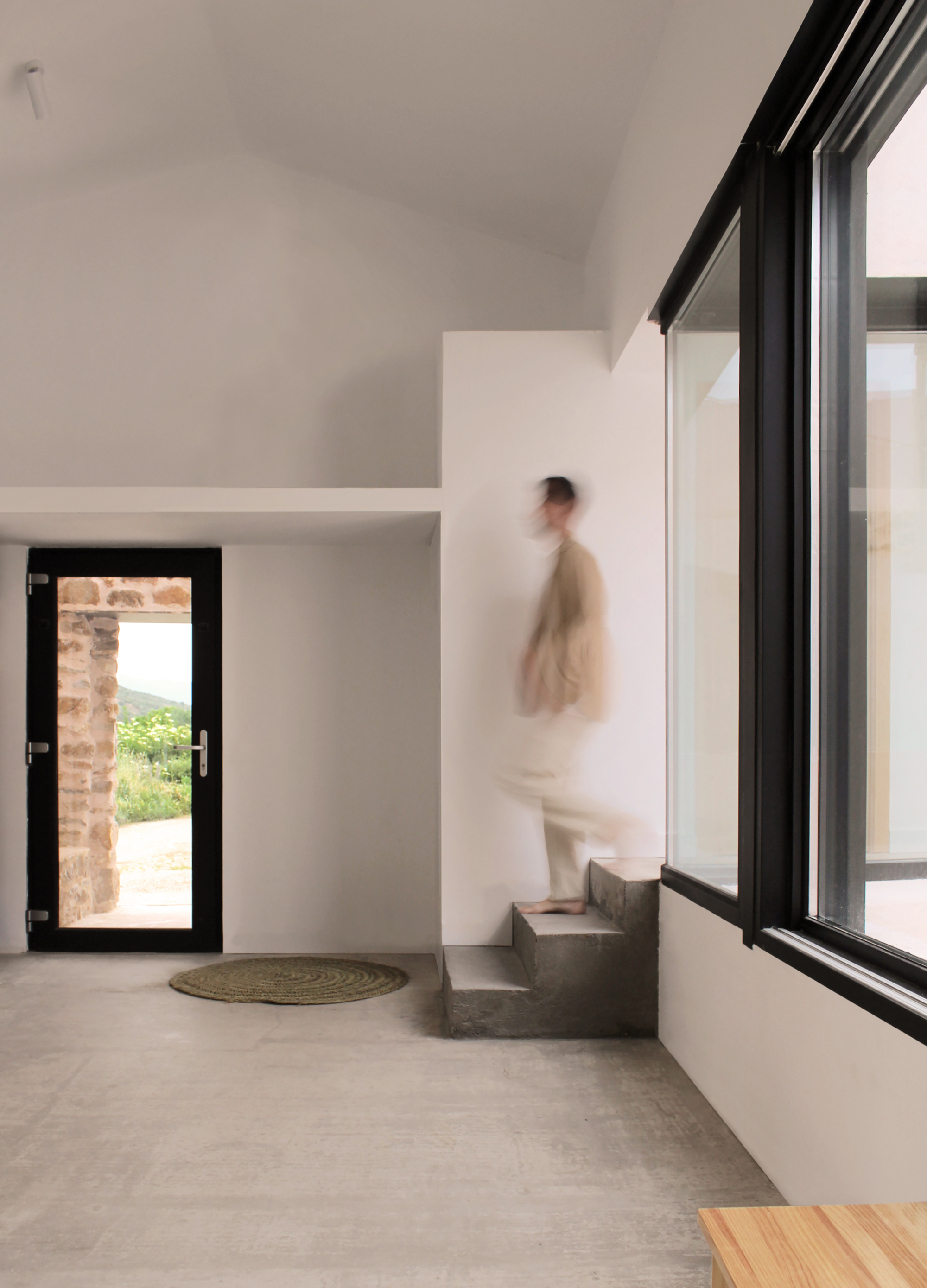 Interior entrance with a polished concrete step and a framed view back to the garden