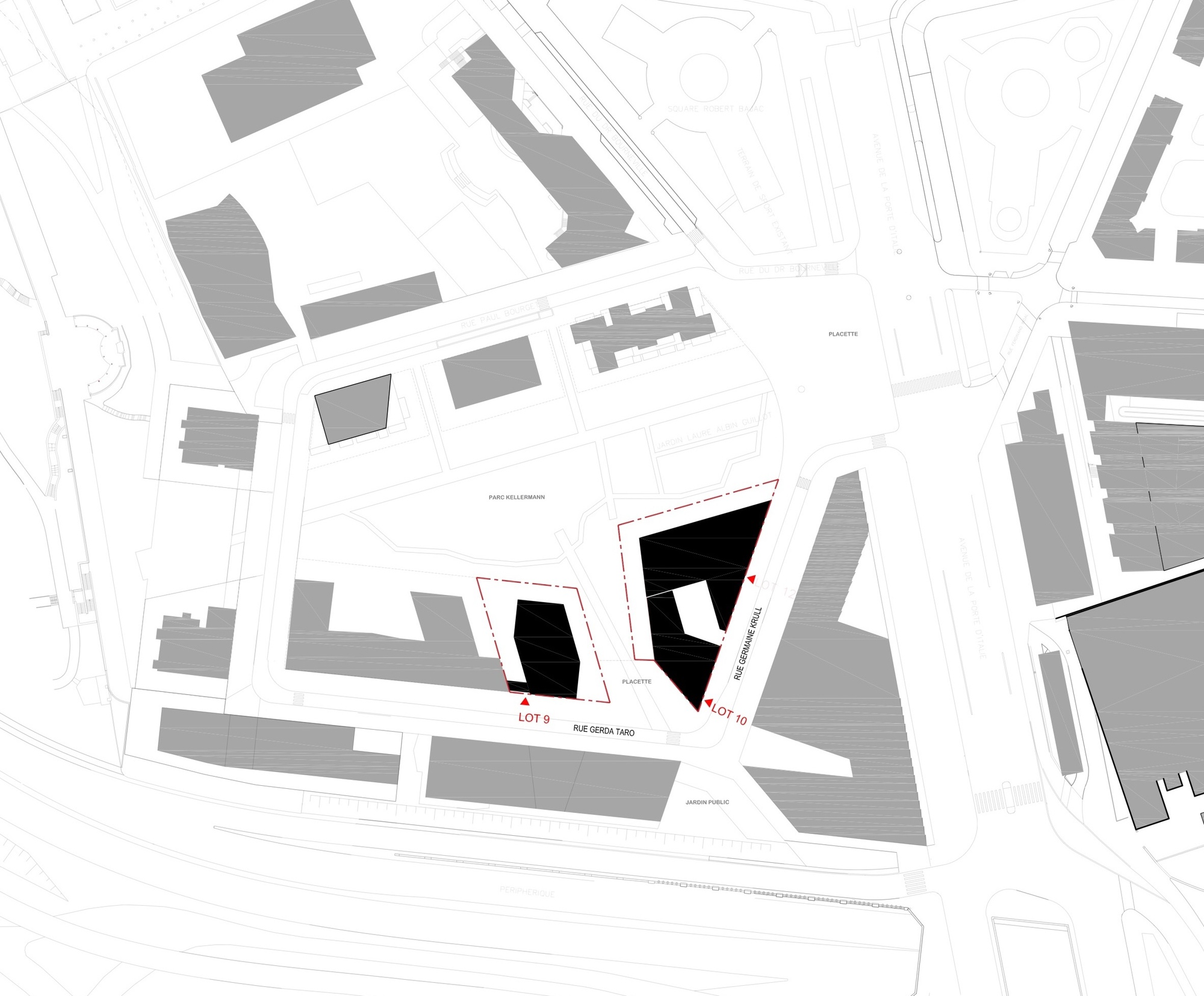 Site plan of the Paul-Bourget ZAC showing the two new lots inside the wider masterplan
