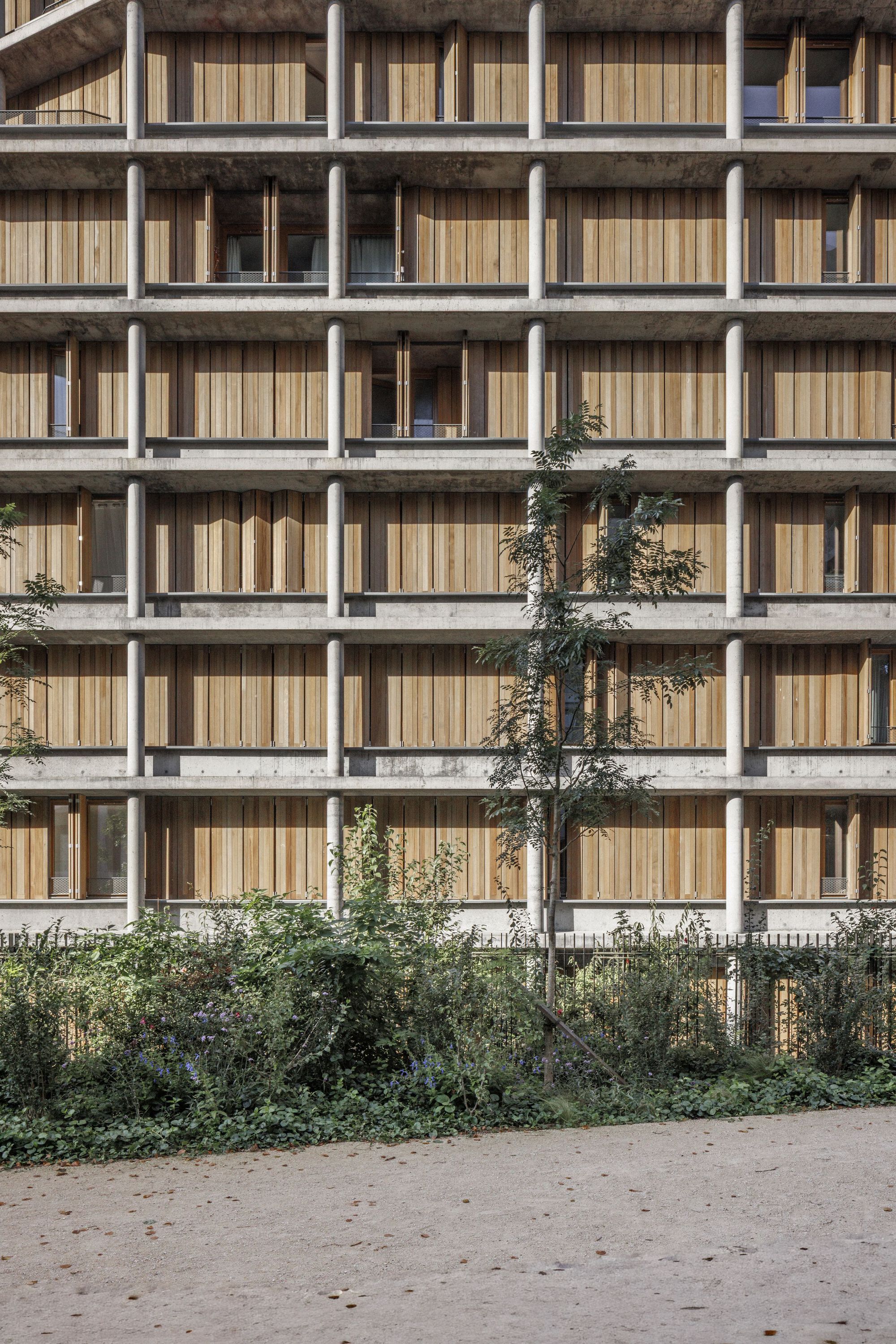 Frontal view of the social housing facade showing the exposed concrete grid and timber infill