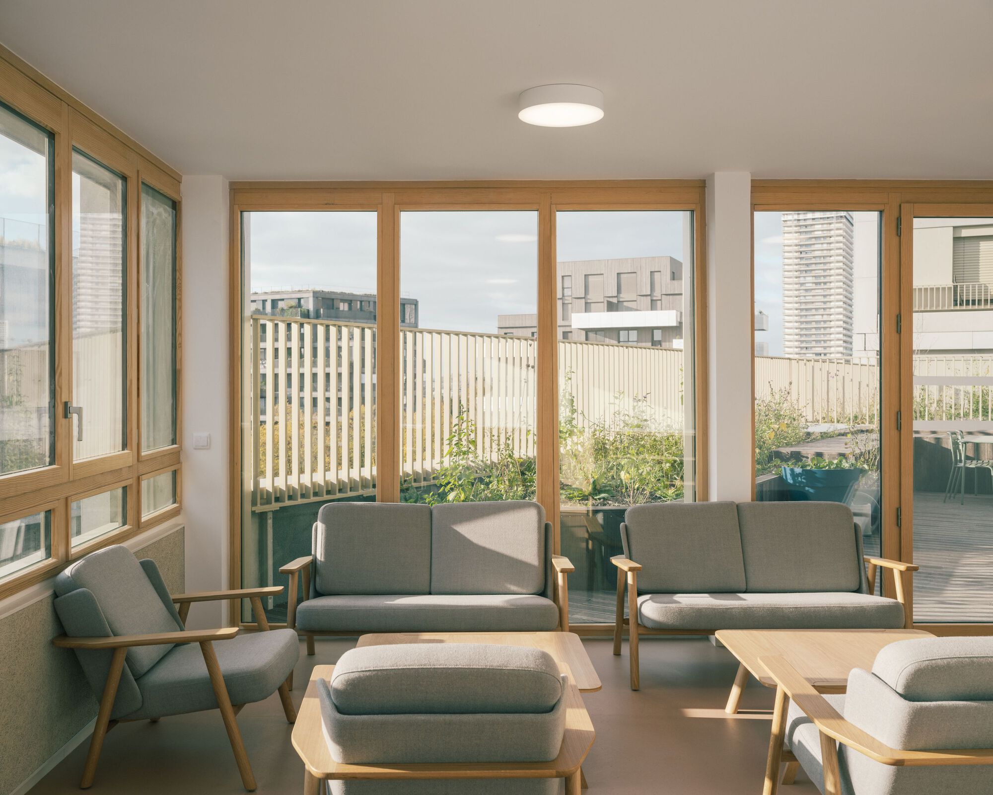 Shared common room in the student residence with timber-framed windows opening onto a planted terrace