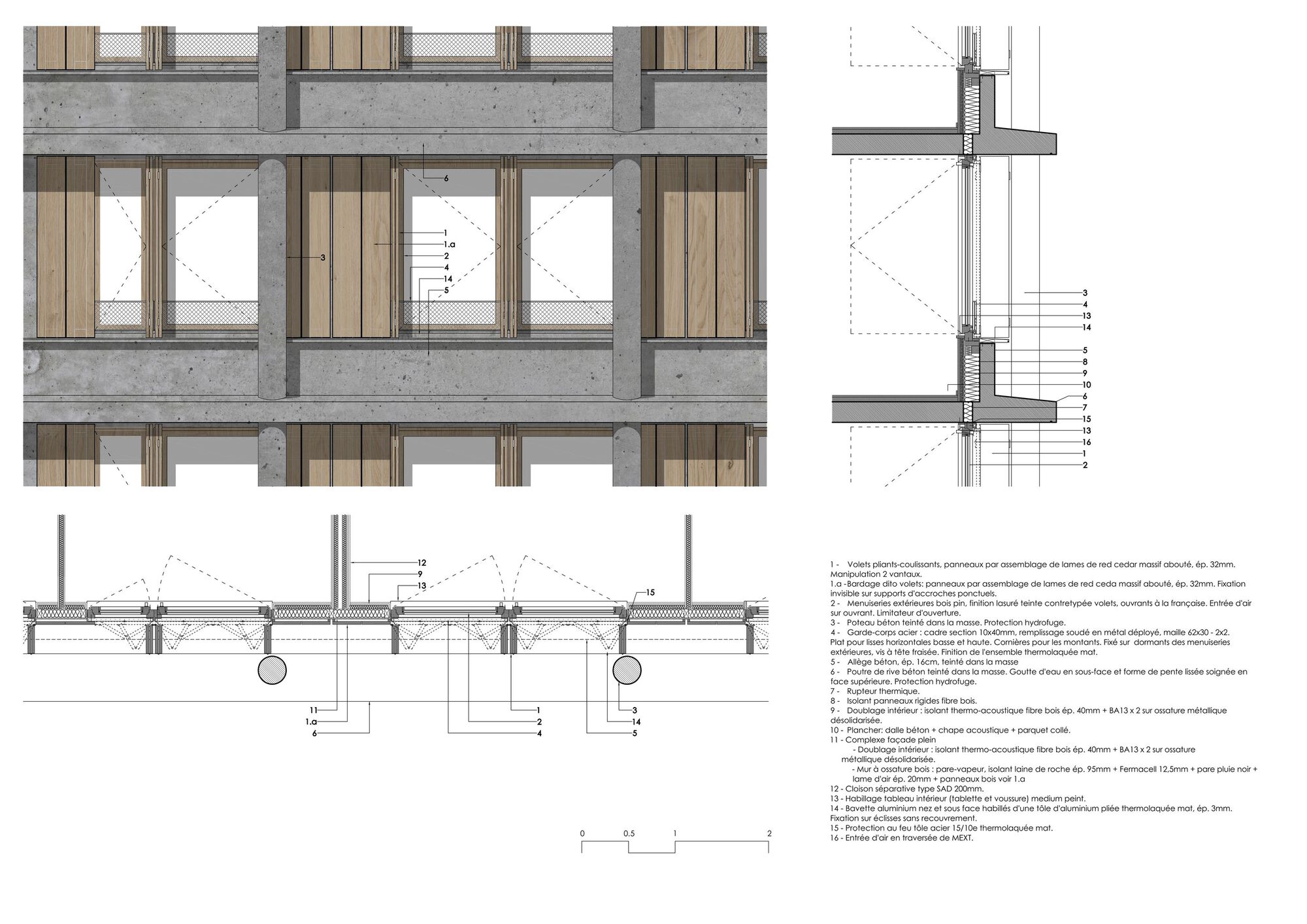 Facade detail section showing the concrete slab, timber infill and sliding shutter layers