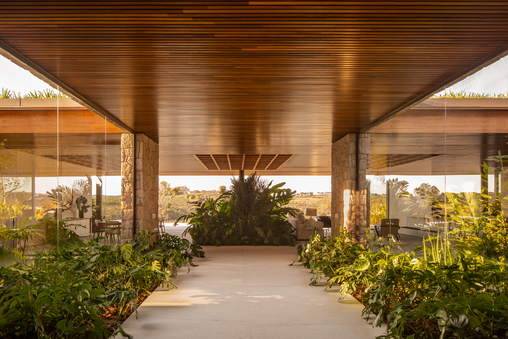 Central entrance passage with a timber ceiling, glass walls and a planted centrepiece framing the view to the fields