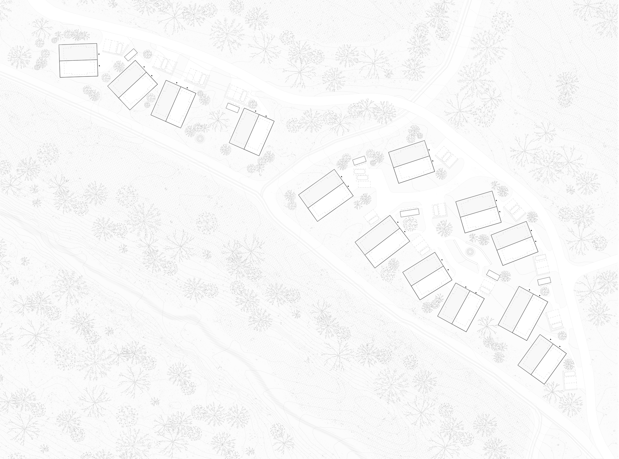 Site plan showing the clustered cabin arrangement within the valley