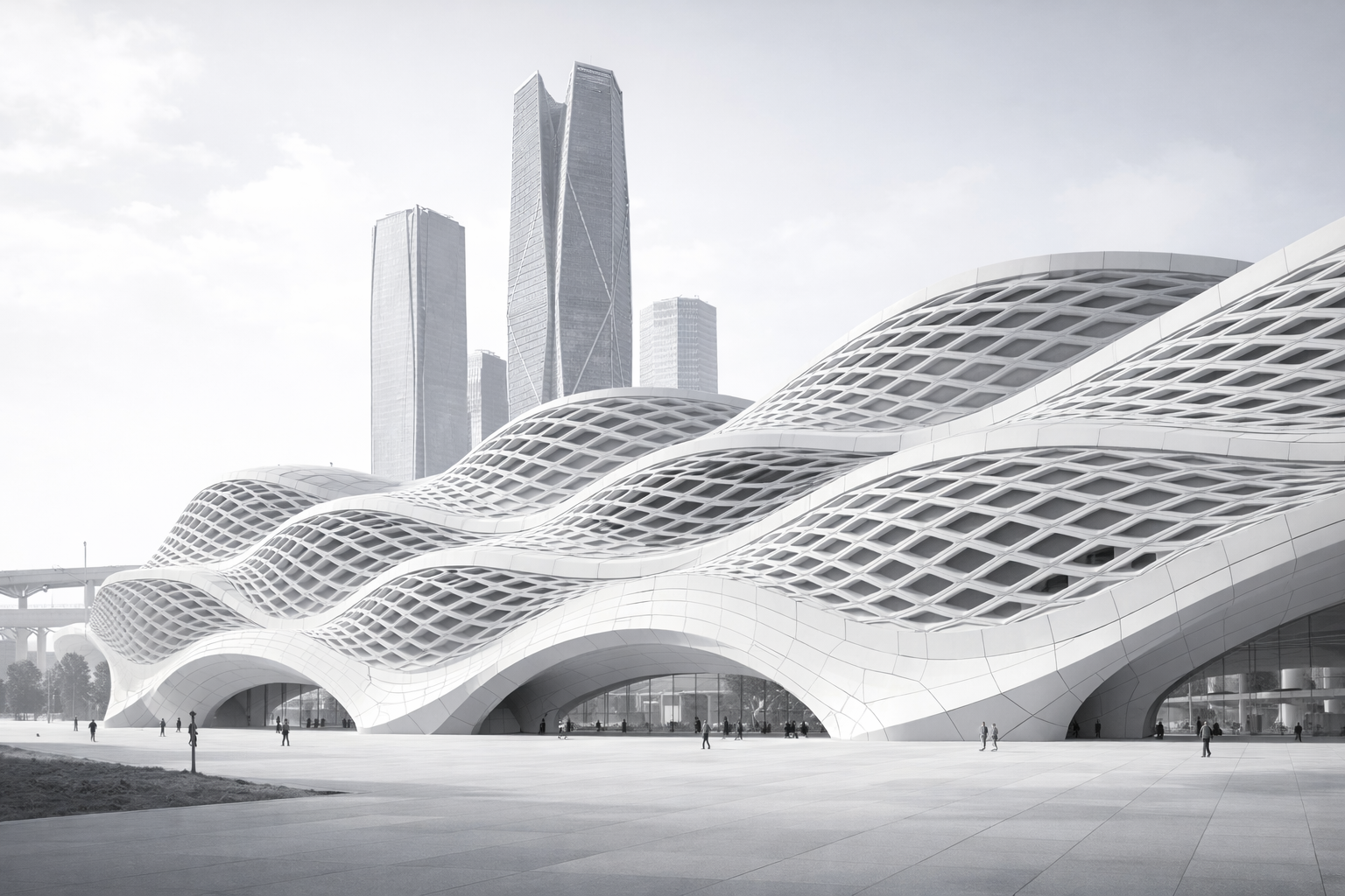 Computationally designed building with a parametric lattice facade and wave-shaped roof.