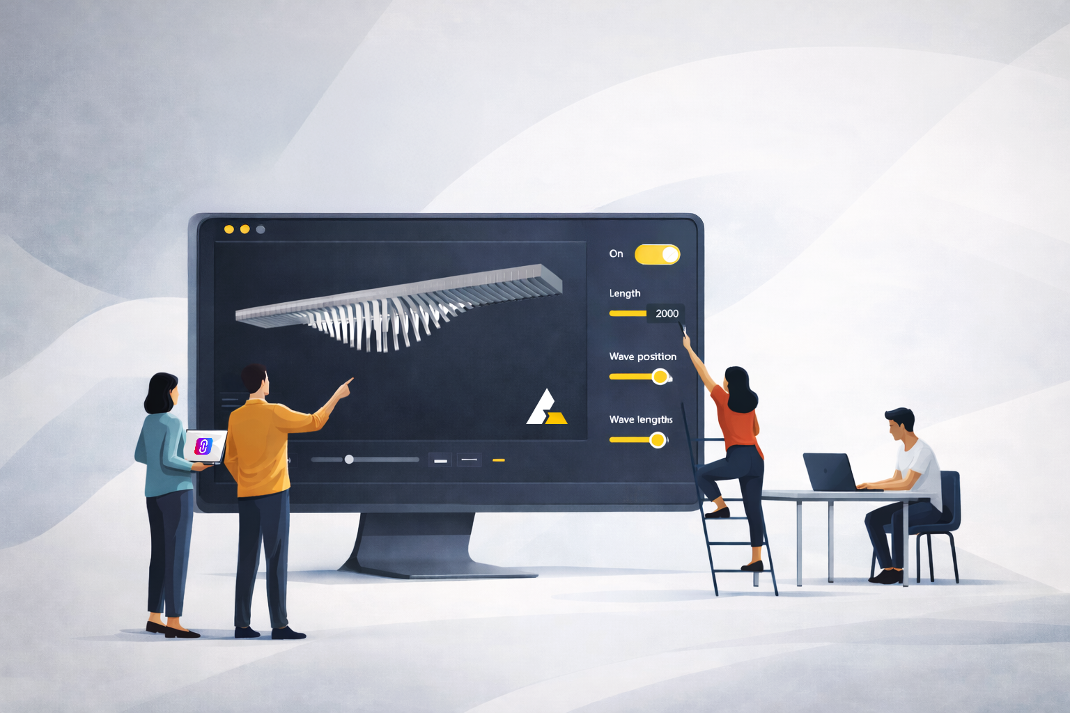 A collaborative design scene with architects and students interacting with a parametric lighting model inside a digital configurator interface.